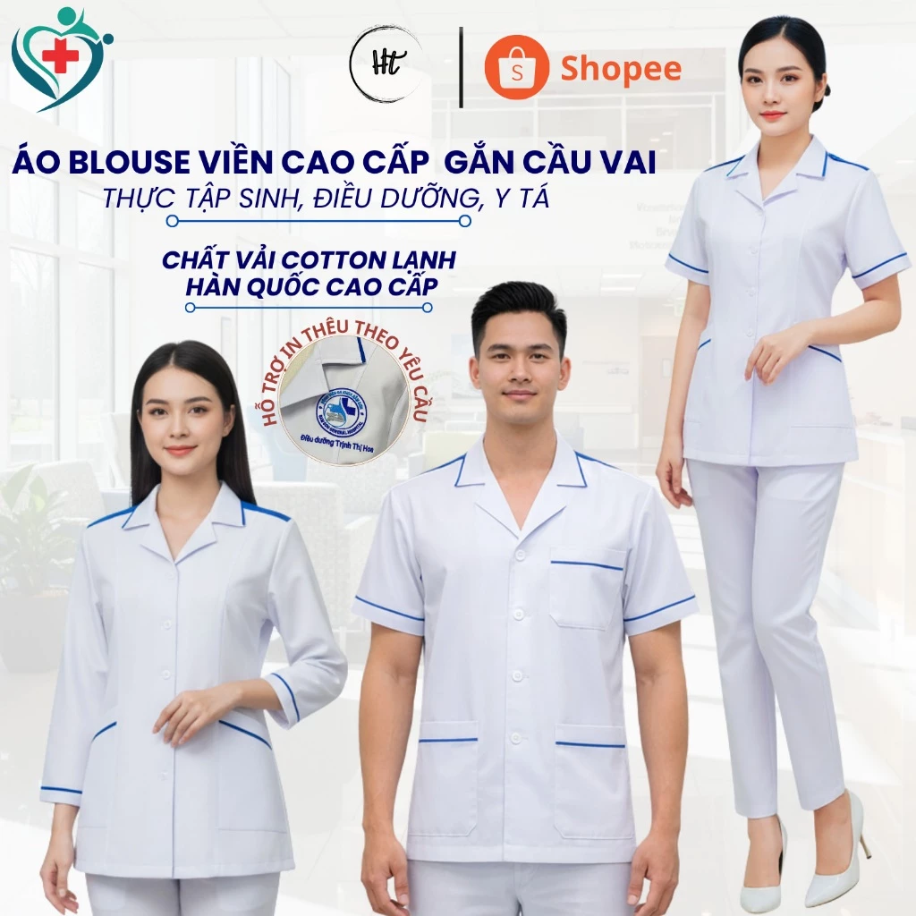 Áo Blouse VIỀN Xanh Dương gắn sẵn CẦU VAI XANH Loại CAO CẤP, Áo Blue y tế dành cho thực tập sinh