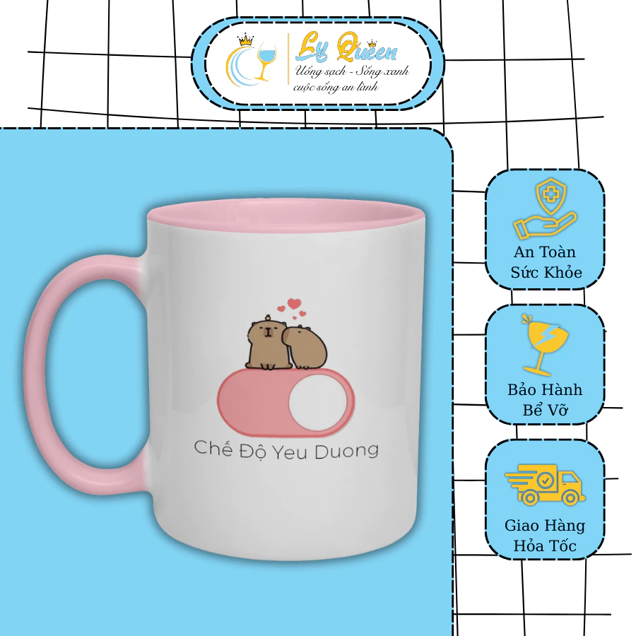 Cốc Capybara Hồng Chế Độ Yêu Đương LY QUEEN Quà Tặng Ý Nghĩa Cao Cấp, Ly Sứ In Hình Cute 330ml