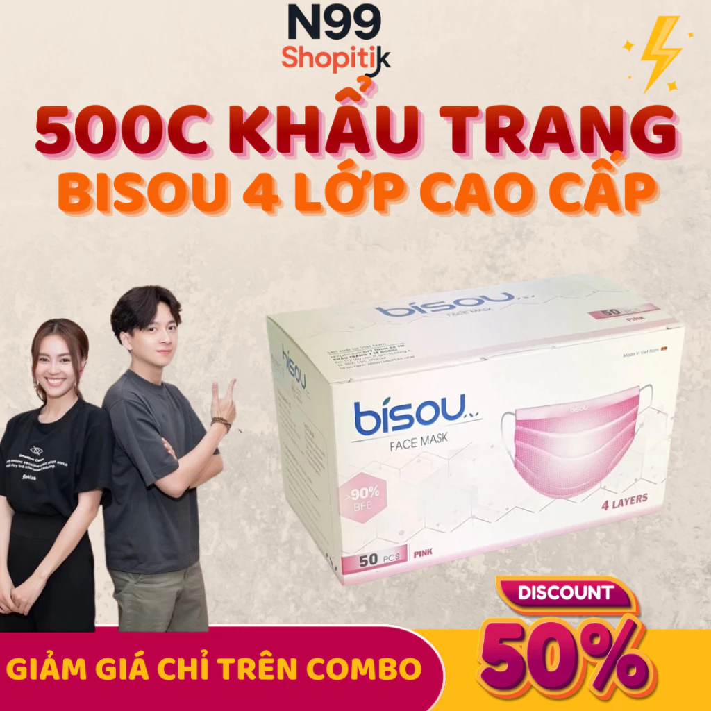 [Combo 500 Cái] Khẩu trang Y Tế Bisou 4 Lớp Cao Cấp