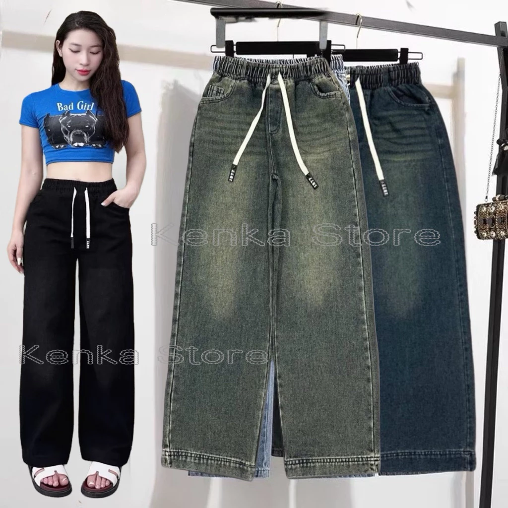 Quần Jean Nữ ống suông vải jean mềm, lưng thun form dáng rộng, phong cách trẻ trung, năng động