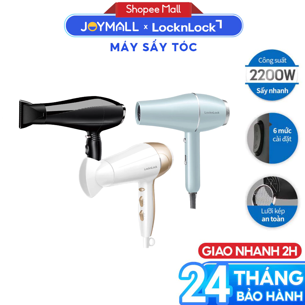 Máy sấy tóc LocknLock ENA146BLK ENA136WHT, Hàng chính hãng, sấy nóng mát, đầu dẹp tạo kiểu - JoyMall