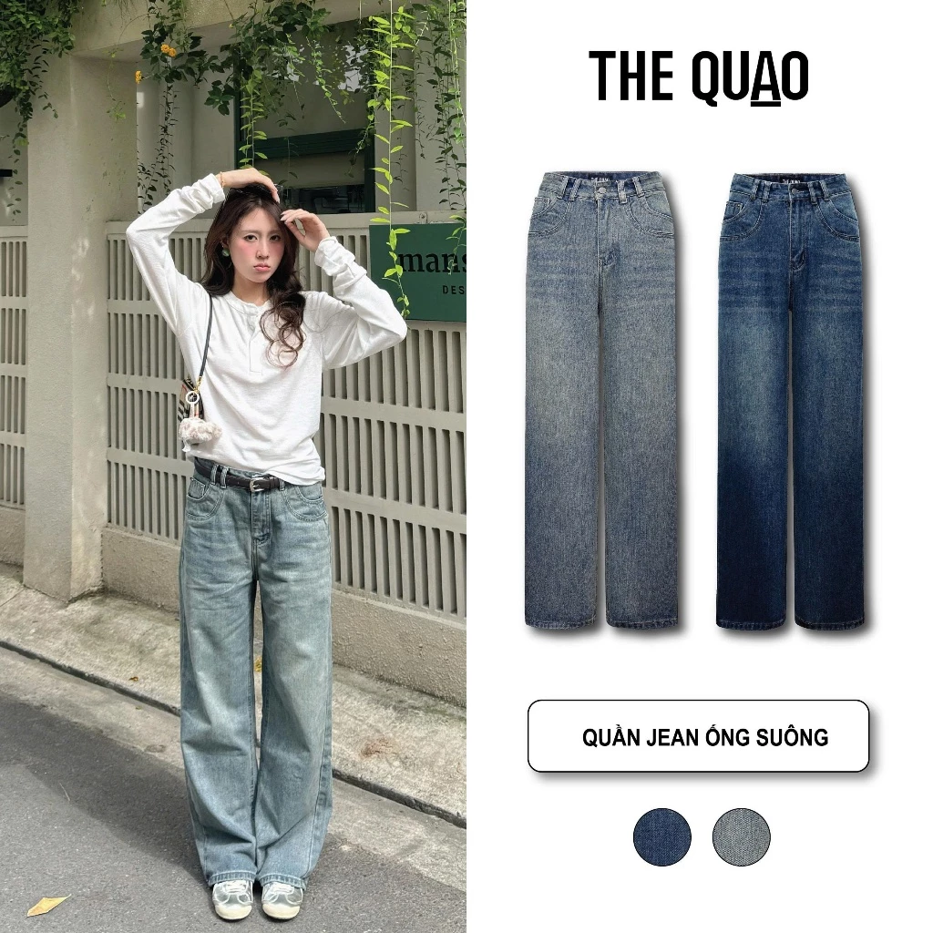 THE QUAO - Quần Jean Nữ Lưng Cao Ống Rộng 24CM-25CM Viền Túi Đai Đôi S0211_565