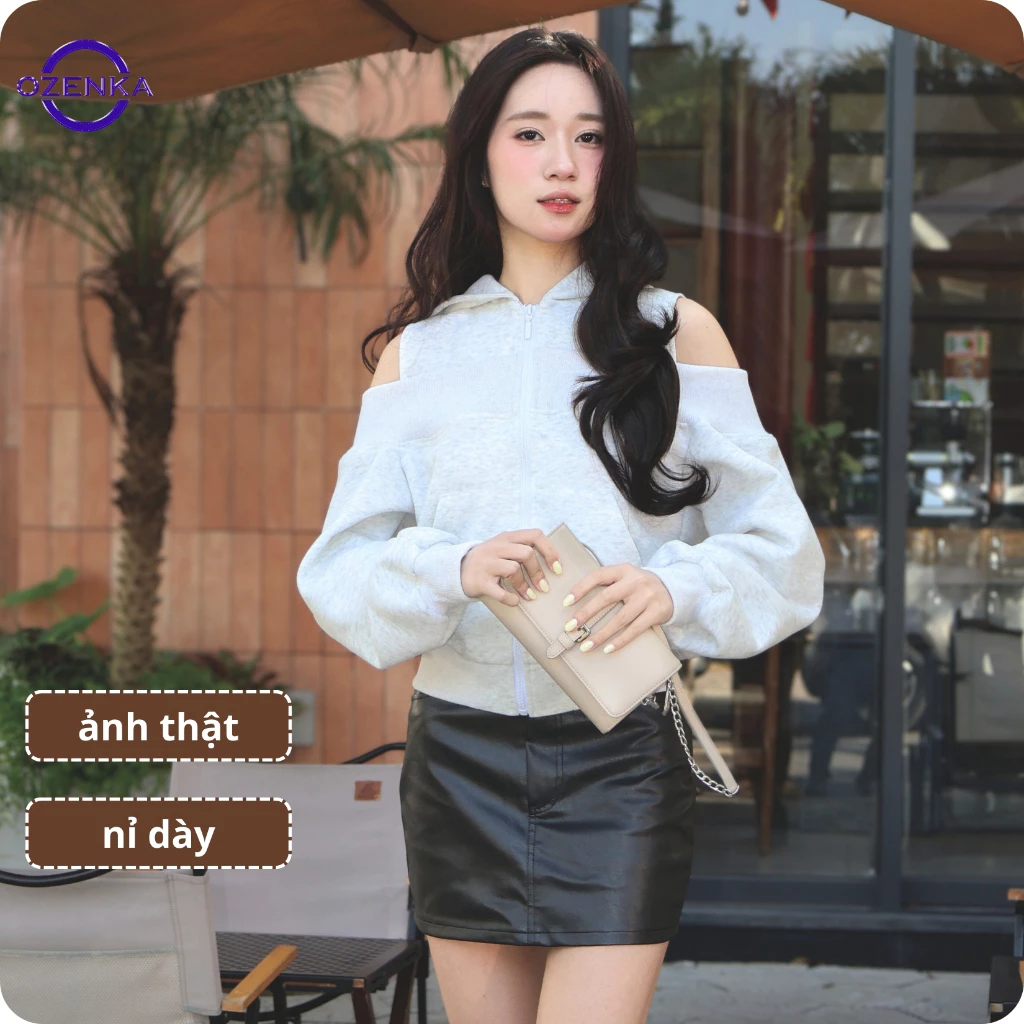 Áo khoác nỉ hoodie zip nữ ozenka cut out hở vai - áo khoác mùa đông có mũ nỉ 2 da dày dặn style ulzzang quyến rũ