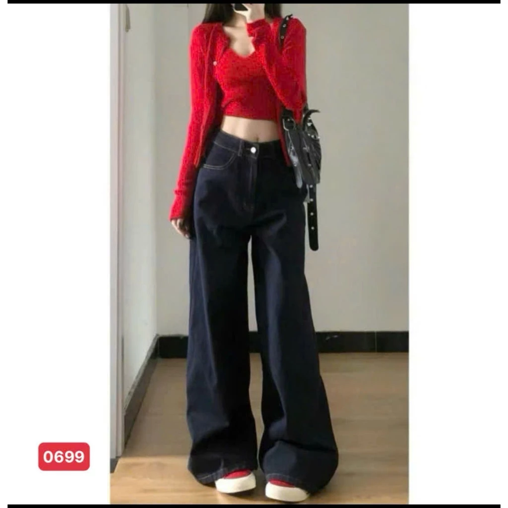 Quần jean Nữ Suông Lưng Cao,Quần Baggy Jean Nữ Ống Rộng chất bò không giãn thời trang trẻ trung 0699