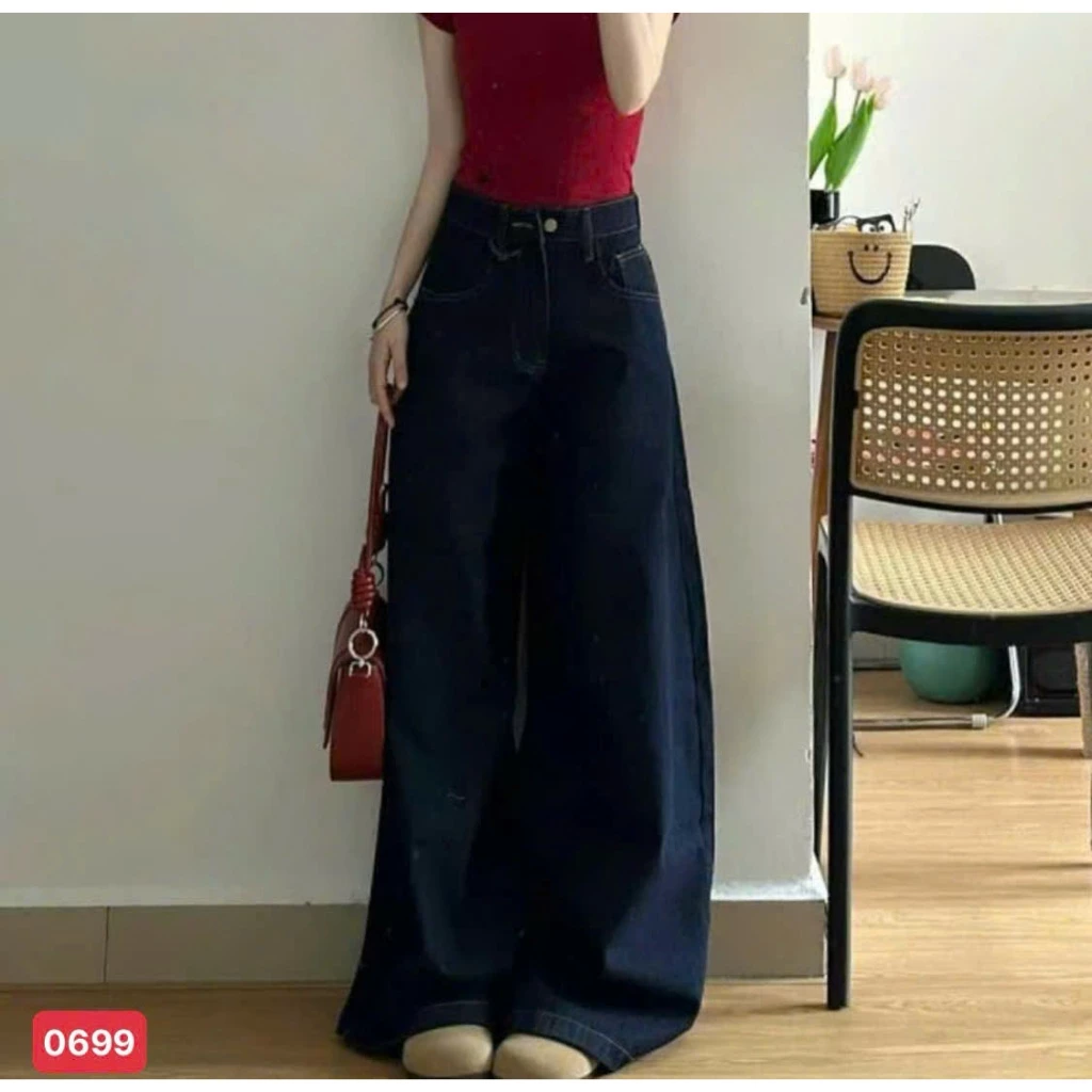 Quần Jean Nữ Suông Ống Rộng, Quần Baggy Jean Nữ Phối Thêu Chữ Lưng Cao Chất Jean Mềm Không Co Giãn MQ1256