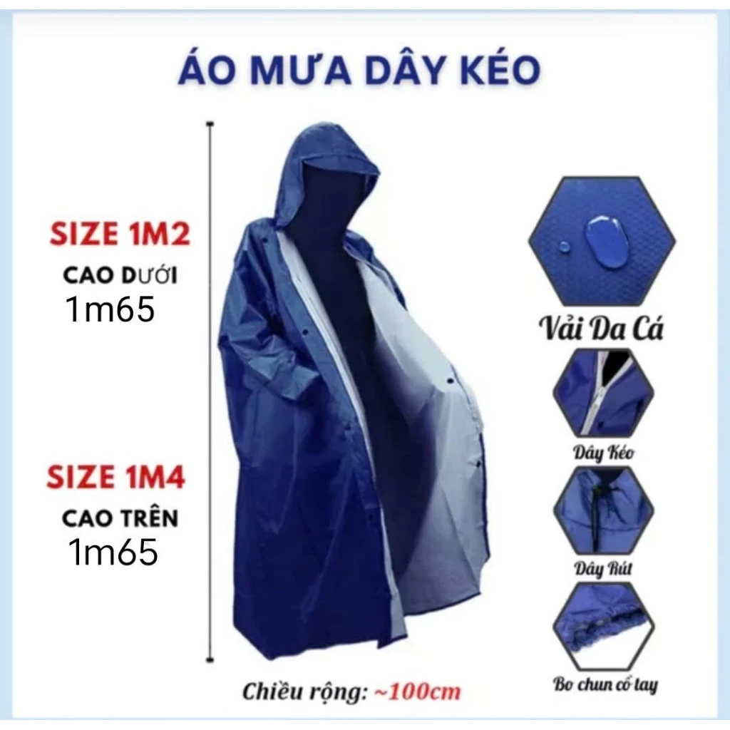 ÁO MƯA DÂY KÉO KHÓA VẢI  DA CÁ VÂN TỔ ONG CAO CẤP GIÚP ĐI DƯỚI TRỜI MƯA THUẬN TIỆN HƠN.