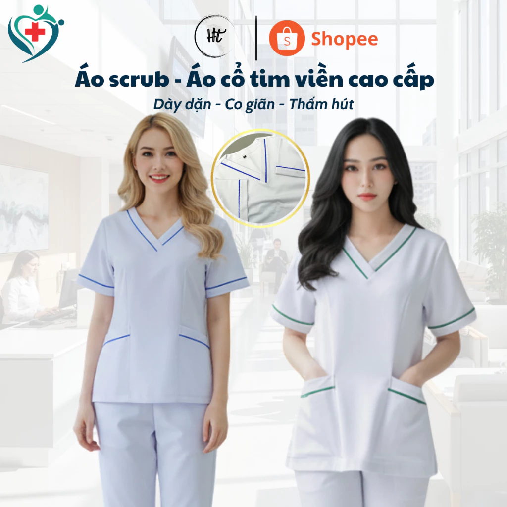 [Giá Xưởng] Áo Blouse cổ tim CAO CẤP có viền xanh lá, xanh dương chất vải cotton lạnh dày dặn co giãn