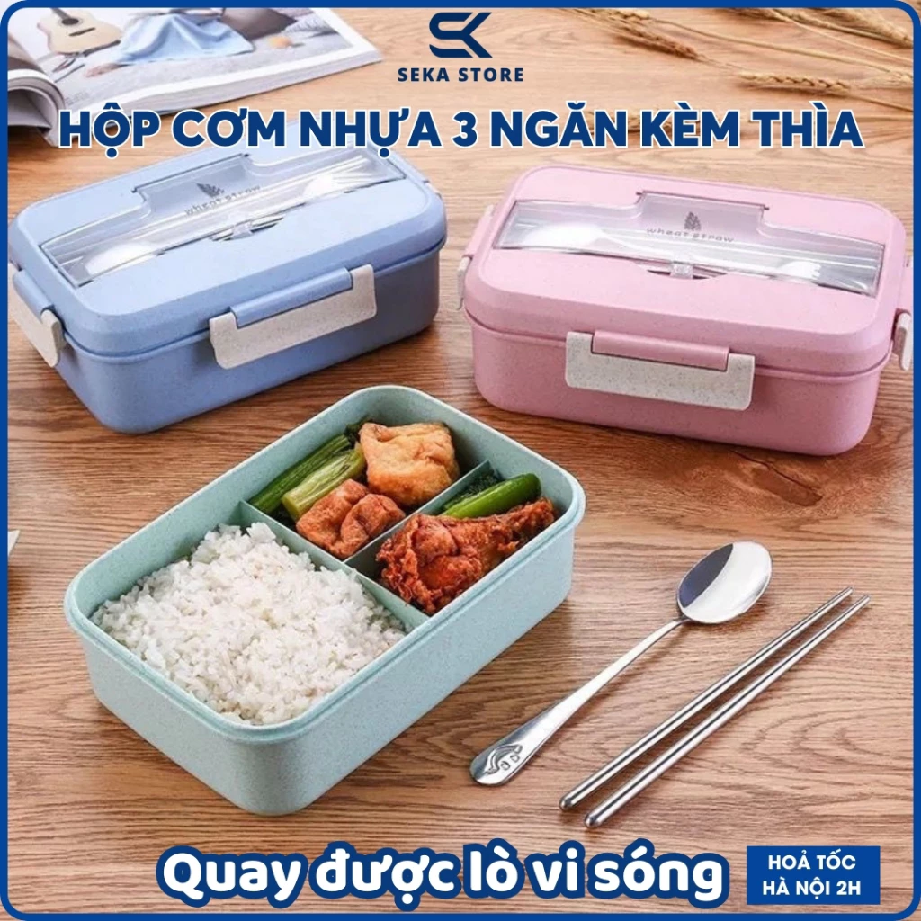 Hộp Cơm Lúa Mạch 3 Ngăn Có Kèm Thìa Đũa, Camen Đựng Cơm 3 Ngăn Mang Đi Làm SP000666