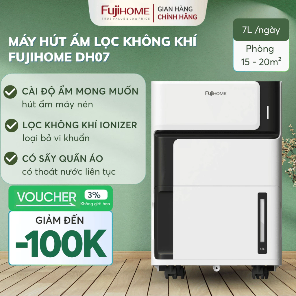 Máy hút ẩm lọc không khí 7 Lít FUJIHOME DH07 sấy quần áo cài độ ẩm tiết kiệm điện bằng máy nén 7L