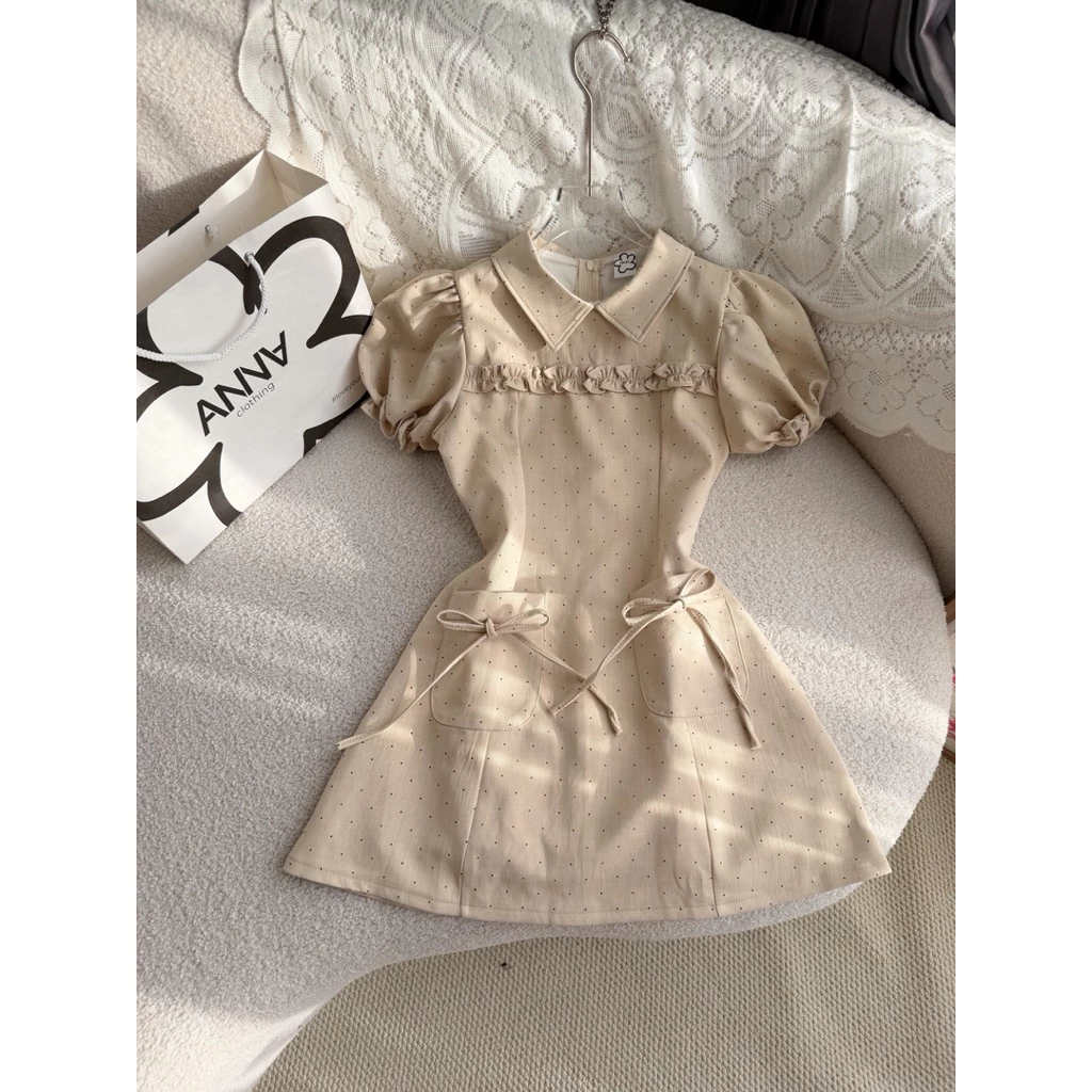 Đầm Kiểu Nữ Màu Kem Chấm Bi Nhí Đính Nơ Anna - Nory Dress