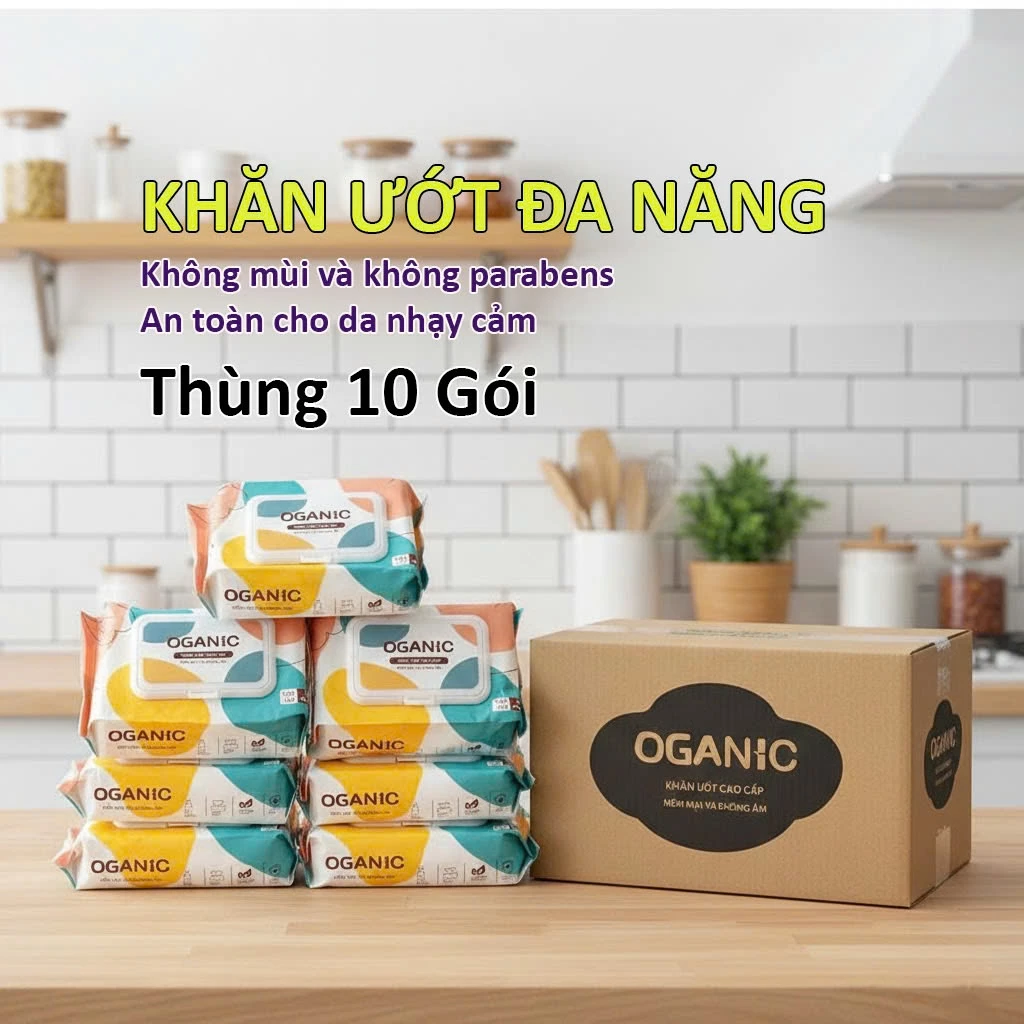 Thùng 10 Gói Khăn Giấy Ướt Đa Sắc ORGANIC Không Cồn An Toàn Cho Bé