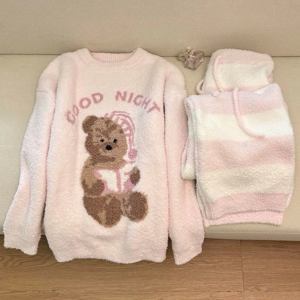 [Ord-823] Bộ Pijama ngủ lông gấu thỏ Pinky cho nữ chất dày dặn nặng tay hoạ tiết cute đáng yêu form rộng thoải mái