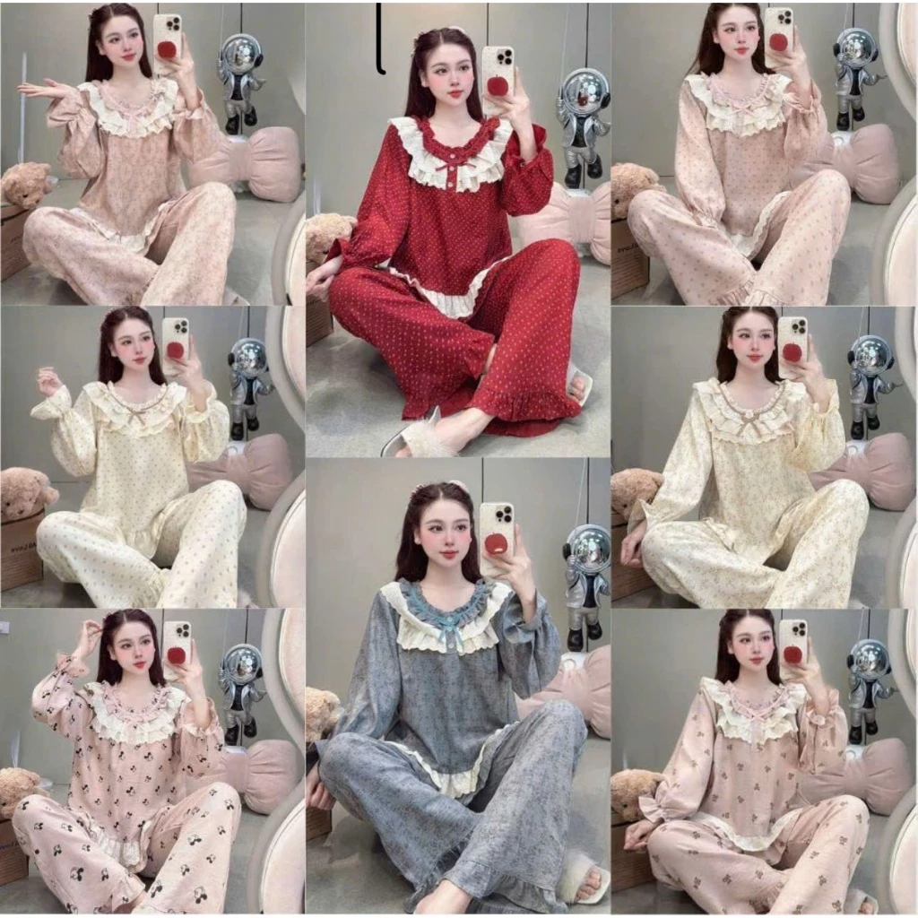 Đồ Ngủ Nữ Pijama Mặc Nhà Chất Liệu Đũi Vân Mây Viền Ren Siêu Mềm Mịn DU27 Cao Cấp Và Thoải Mái