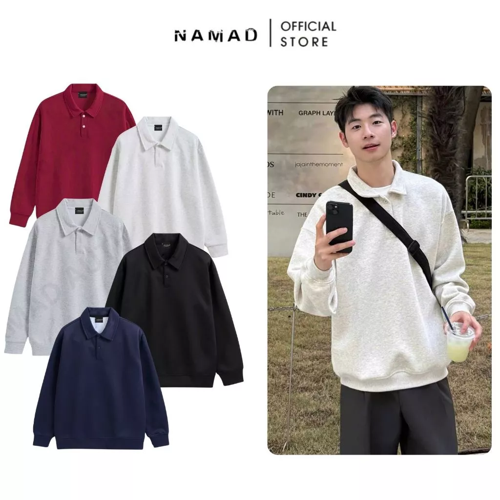 Áo polo sweater nỉ nam nữ form rộng chất dày 2 lớp giữ ấm phong cách hàn quốc mặc đông basic dễ phối đồ