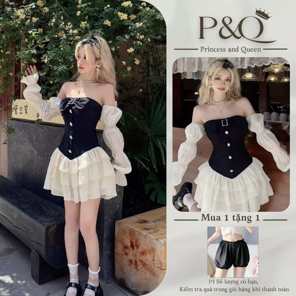 Đầm xòe mini P&Q trễ vai tay dài hai lớp có bigsize | vd0004
