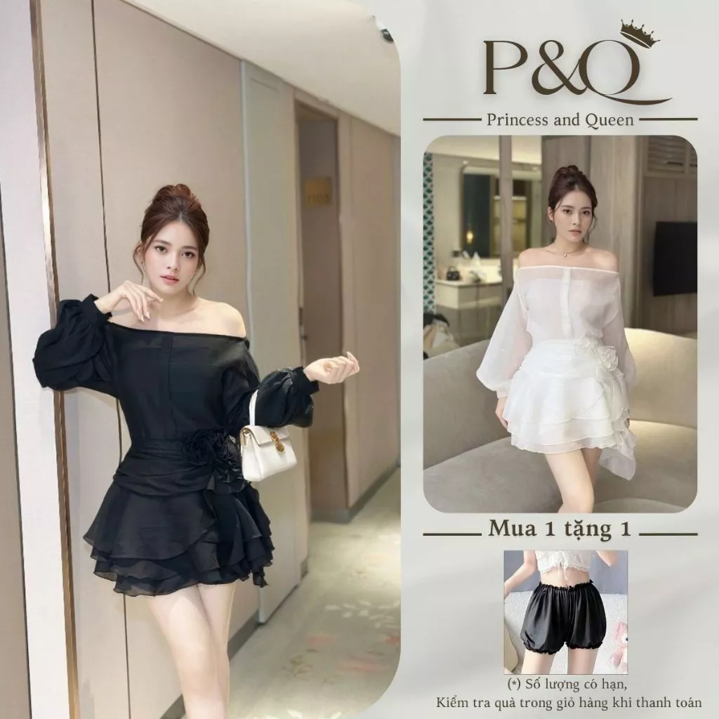 Set Áo Váy Nữ P&Q Trễ Vai Dáng Ngắn Phối Hoa Tơ Sang Trọng Màu Trắng Đen | set0032