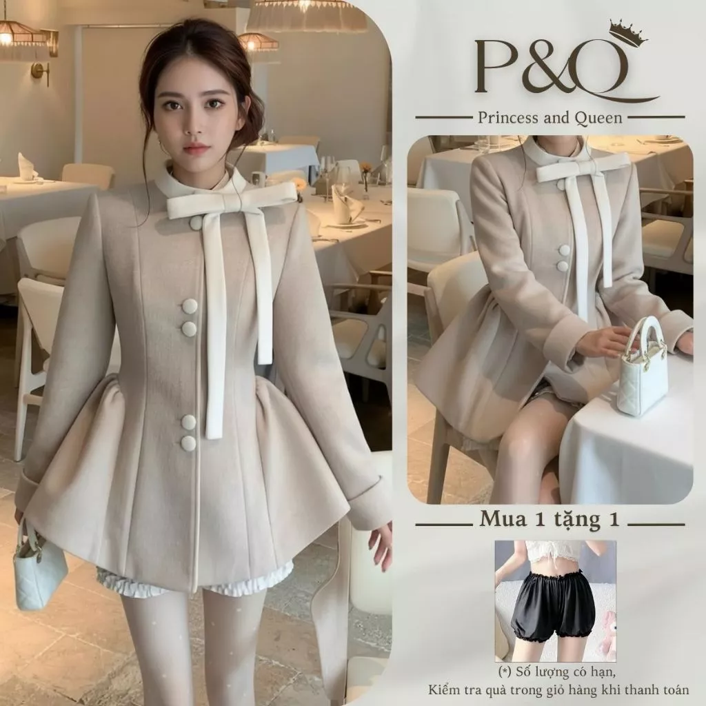 Set váy dạ nữ P&Q dài tay dáng xòe đính nơ cổ cúc bọc kèm quần phong cách tiểu thư | set0033
