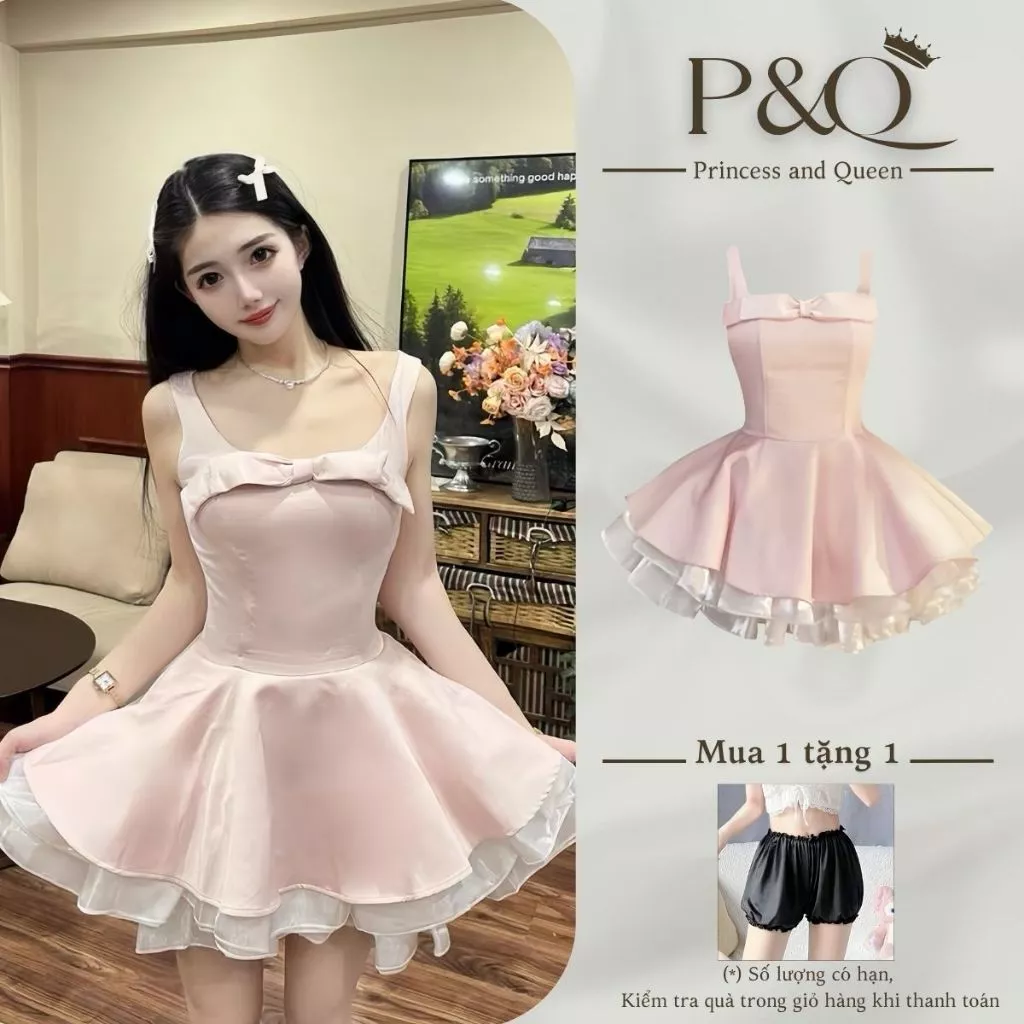 Đầm xòe mini P&Q họa tiết nơ ngực đi chơi dự tiệc dạo phố có bigsize | vd0089