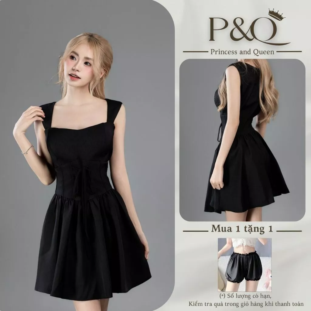 Đầm xòe mini P&Q cổ vuông hack eo tôn dáng đi chơi dự tiệc dạo phố | vd0090