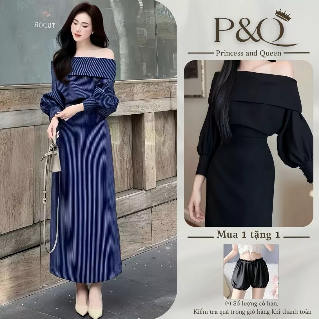 Set đầm nữ P&Q trễ vai dáng dài dự tiệc cao cấp sang trọng phong cách tiểu thư thanh lịch | vd0095