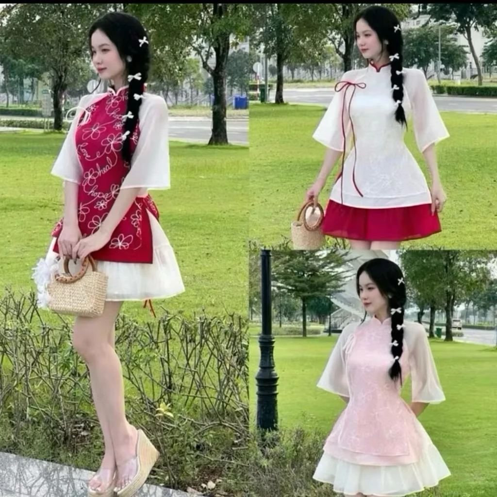 [Bigsize 60-90] set cách tân chỉ nổi áo + váy mã 02