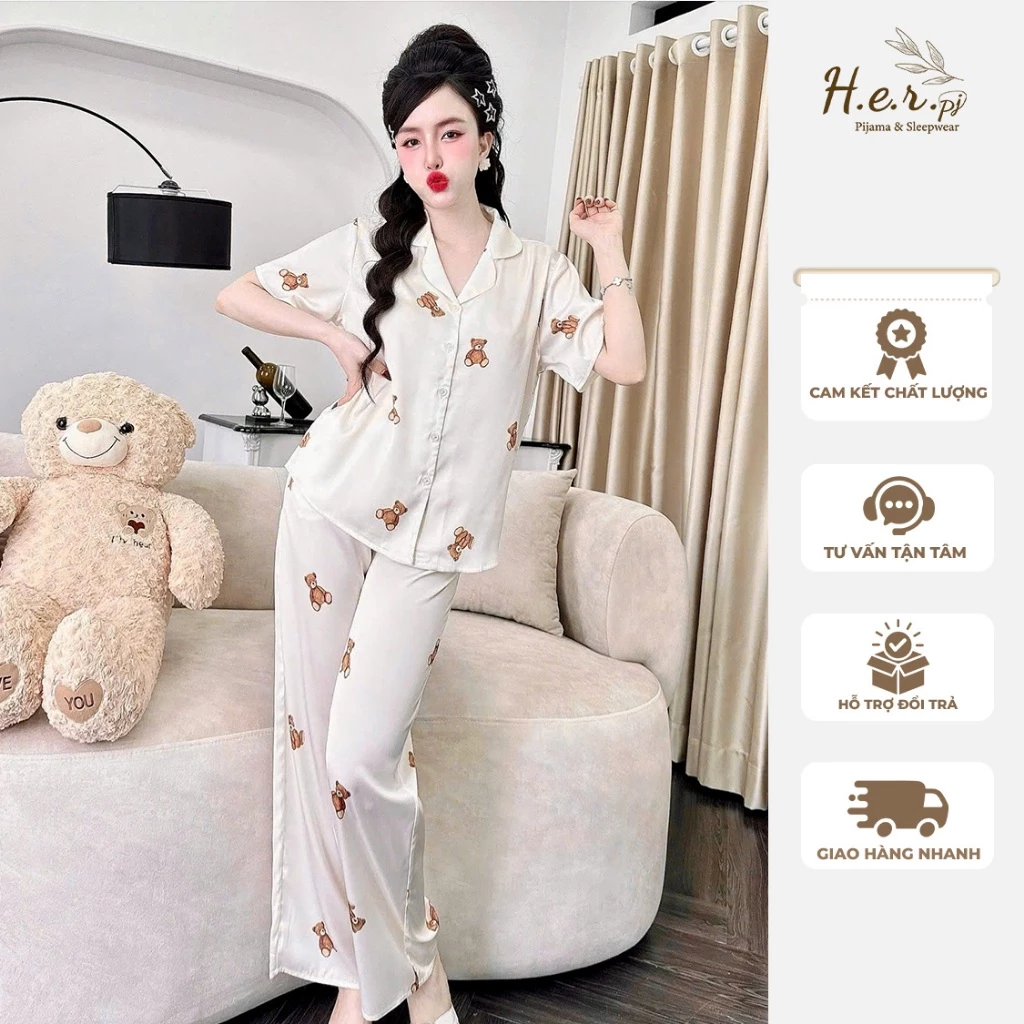 Set đồ mặc nhà nữ HER Pijama lụa latin tơ tằm cao cấp tay cộc quần dài siêu xinh