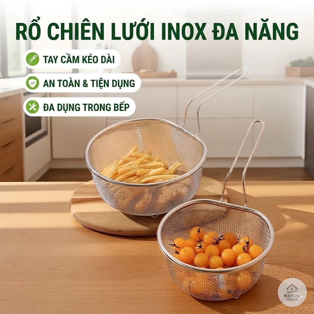 Rây Lọc Inox 304 Cao Cấp Vợt Trụng Mì Ăn Liền Giỏ Chiên Đồ Ăn Ngập Dầu Có Chân Đế Đứng Ráo Nước Tiện Lợi Đa Năng Cho Bếp