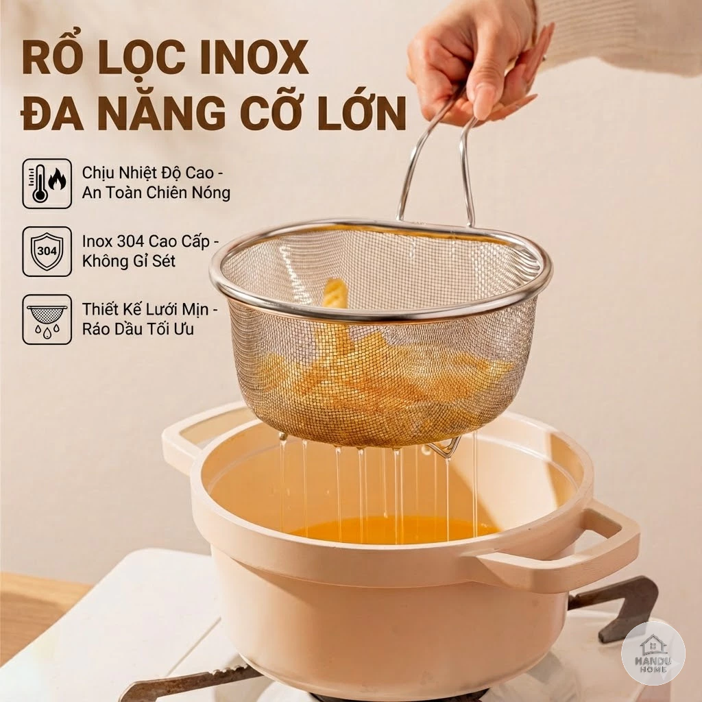 Giỏ Lọc Inox 304 Đa Năng Vợt Nhúng Mì Nấu Há Cảo Rây Lọc Dầu Mỡ Đồ Chiên Chống Gỉ Có Chân Đế Thoát Nước Nhanh Tiện Lợi