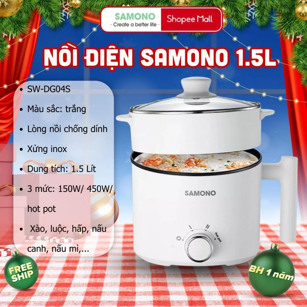 Nồi điện đa năng Samono lẩu điện 1.5L chống dính công suất 450W ăn mì nấu lẩu kèm xửng hấp SW-DG04S