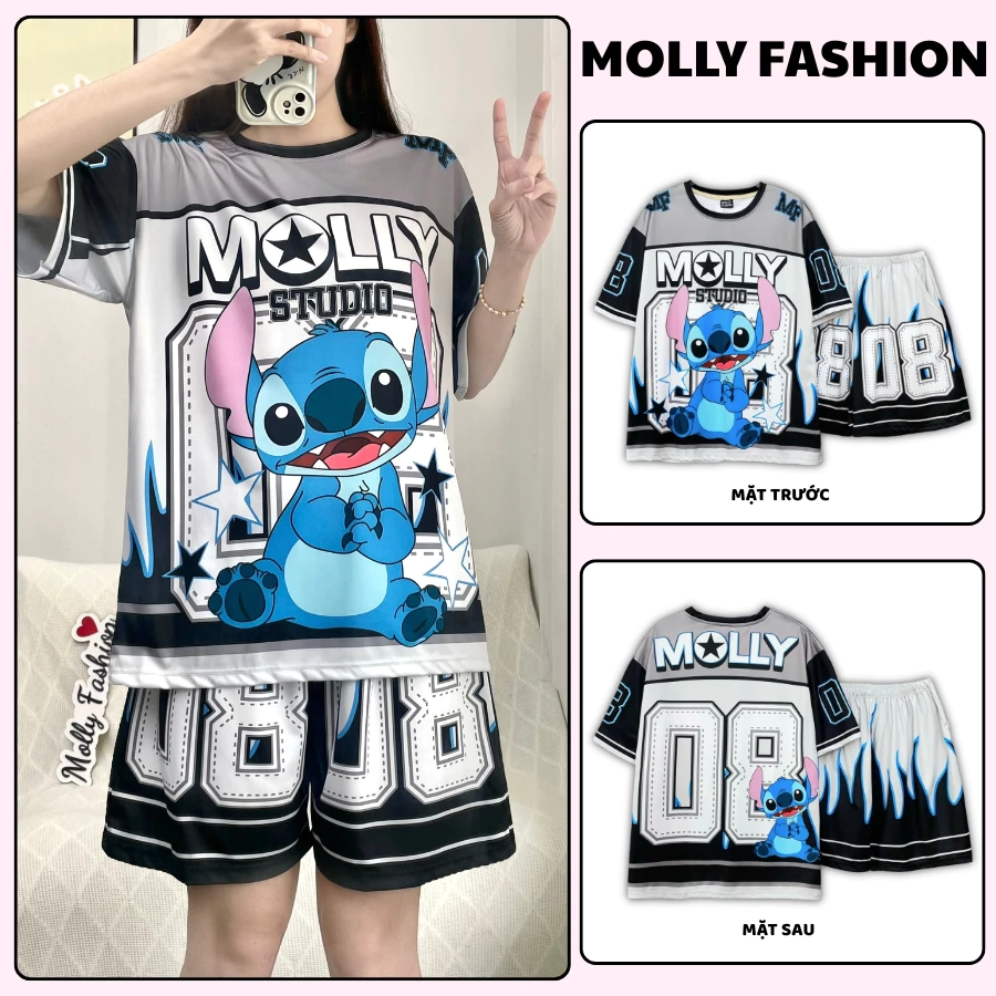 Đồ bộ nam nữ MOLLY FASHION Jersey mặc nhà Bigsize – Set quần đùi áo thun lạnh đi chơi, đi biển STITCH