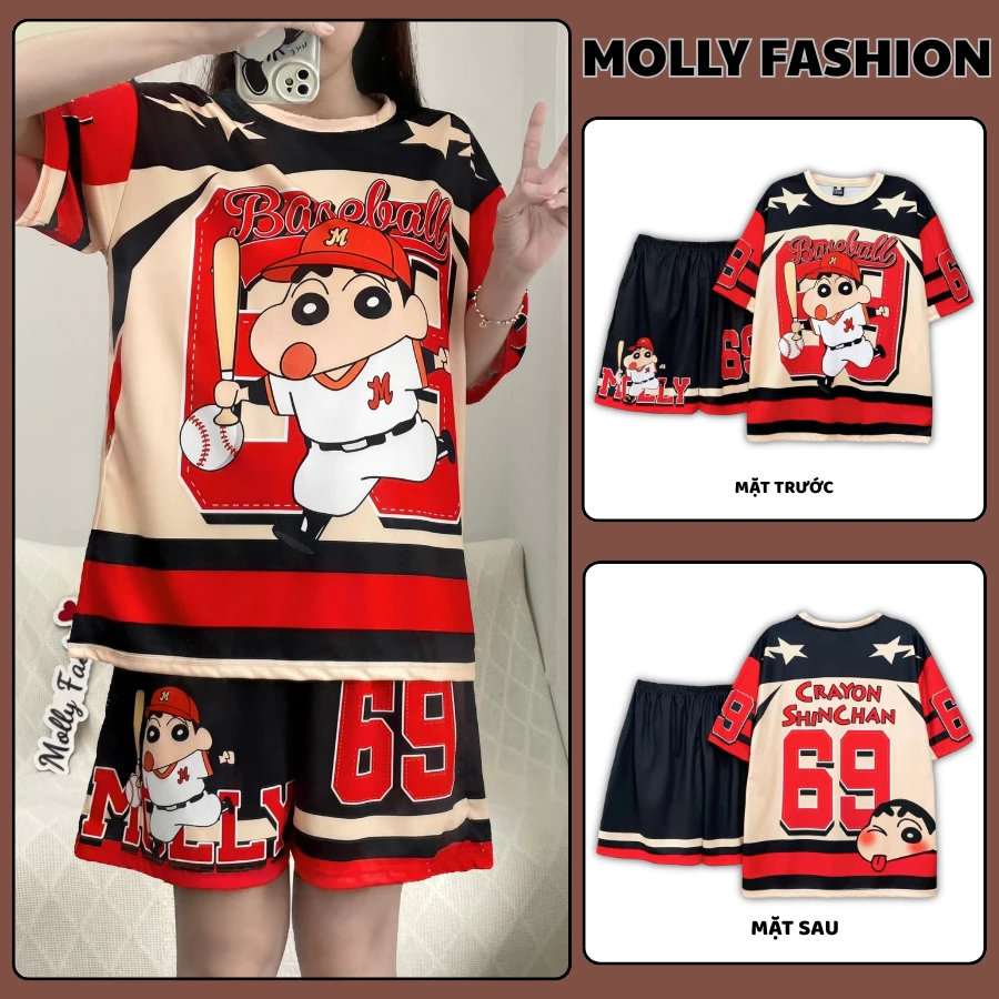 Đồ bộ nam nữ MOLLY FASHION Jersey mặc nhà Bigsize – Set quần đùi áo thun lạnh đi chơi, đi biển BASEBALL