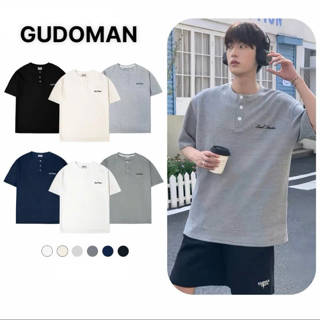 Áo Thun Nam Cổ Tàu Thêu Chữ Tay Ngắn 3 Cúc Chất Liệu Cotton Tổ Ong Thoáng Mát