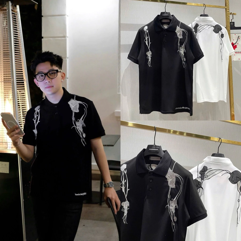 Áo polo nam nữ cổ bẻ PB cotton gai thêu hoạ tiết nhánh dây leo hoa lá hai mặt dày dặn boy phố PL175P Hàng QC Duy Bi