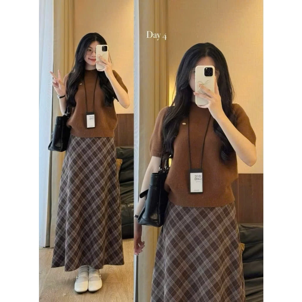 Chân Váy Caro Dạ Kẻ Dáng Dài Form A xoè nhẹ style Vintage có lót trong dạ caro dáng midi 3574