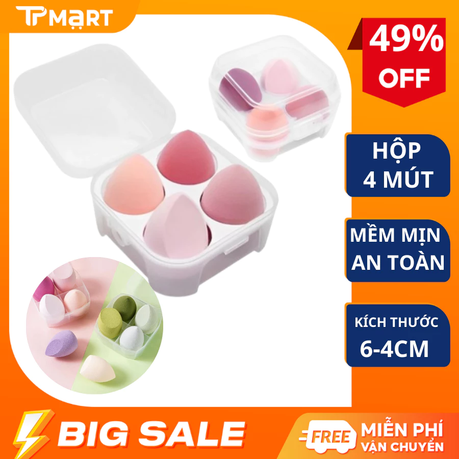 Bộ 4 mút trang điểm mềm mại, an toàn cho da, dùng được khô và ướt, nhiều kiểu dáng