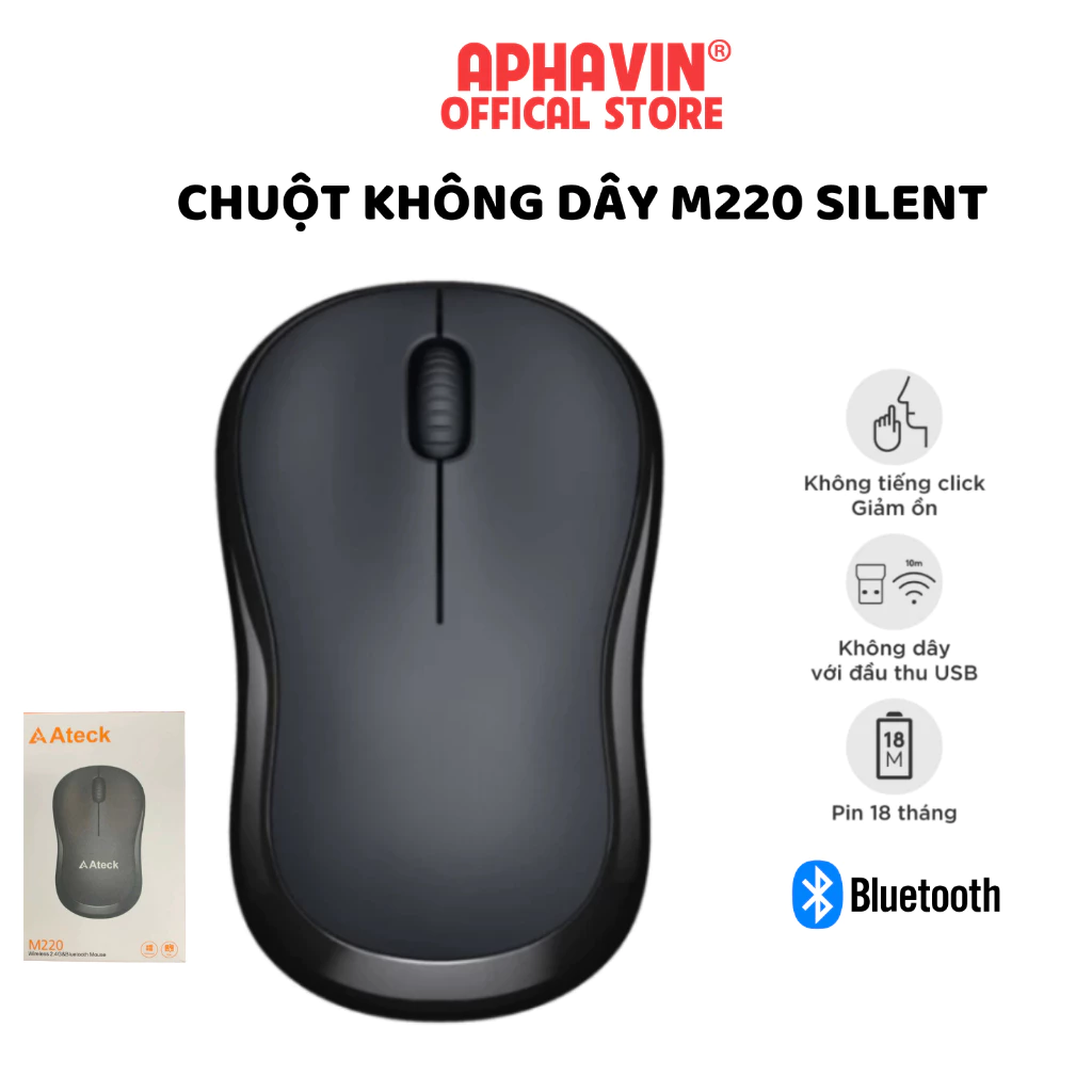 Chuột Không Dây Ateck M220 Silent Màu Đen- Giảm Ồn 90%, Kết Nối USB + Bluetooh, BH 12T, Chuột Văn Phòng, Laptop, PC