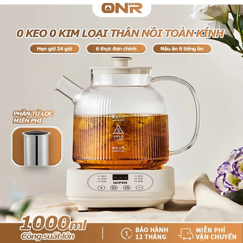 ONR-Ấm Đun Nước Điện Thủy Tinh 1L, Ấm Đun Pha Trà, Ấm Pha Trà Sắc 500W