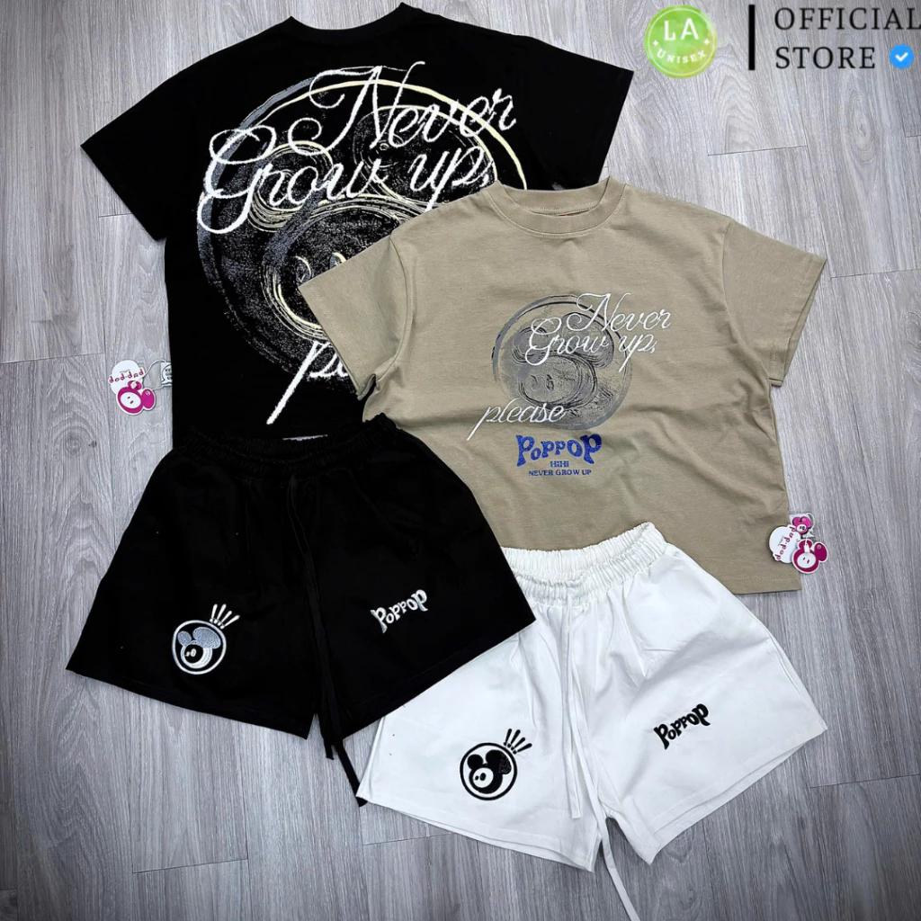 Set Áo Thun Quần Short POPPOP Xu Hướng 2025 Siêu Đẹp, Áo Cotton Quần Kaki Dày Dặn, Đủ Tag Mạc PopPop