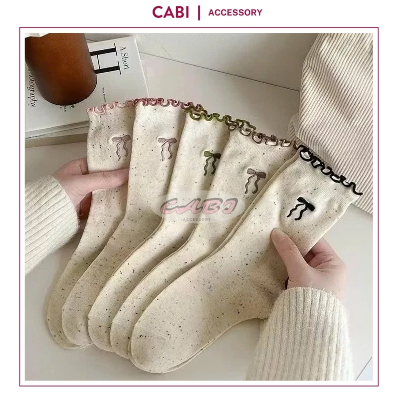 CB78 - Set 10 Đôi Tất Nữ Cổ Cao Chấm Bi Viền Bèo Thêu Nơ Đáng Yêu