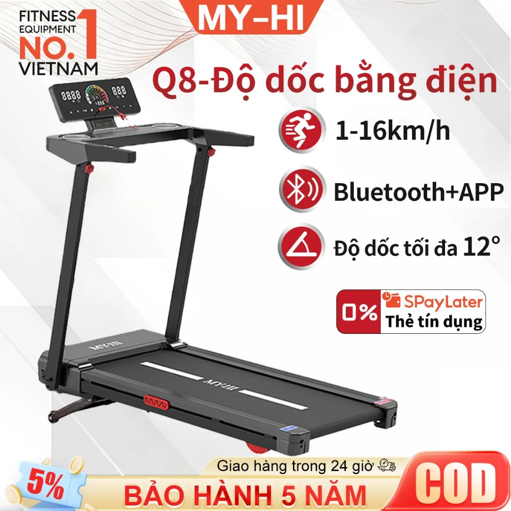Máy chạy bộ tại nhà,máy đi bộ,Độ dốc điện,1-16km/h,0-15°,Màn hình LED cảm ứng lớn,Gấp gọn được,Bluetooth