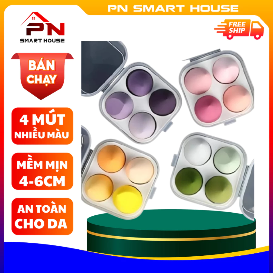 Bộ 4 Mút Trang Điểm Hình Giọt Nước Siêu Mềm Mịn Kèm Hộp Đựng Dành Cho Mọi Loại Da