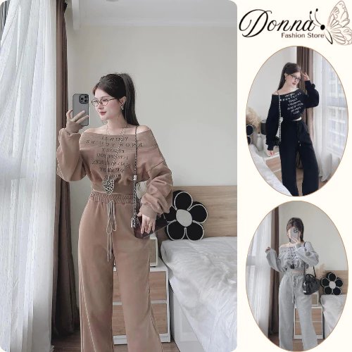Set đồ nữ, đồ bộ nữ DONNA HCOM3616 áo trễ vai mix quần suông cạp chun trẻ trung, năng động