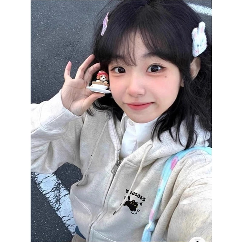 áo hoodie zip nữ in mèo dễ thương có túi trong, áo khoác form rộng mũ to hai lớp