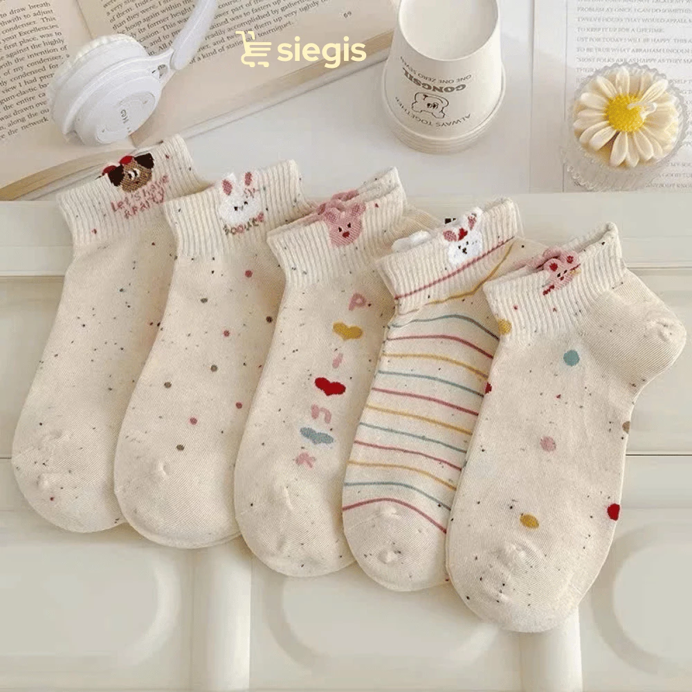 Set 10 Đôi Tất Cho Nữ In Hoạ Tiết Thỏ Gấu Đáng Yêu - Tất Vớ Cổ Trung, Cổ Thấp Kháng Khuẩn Giữ Ấm Chân