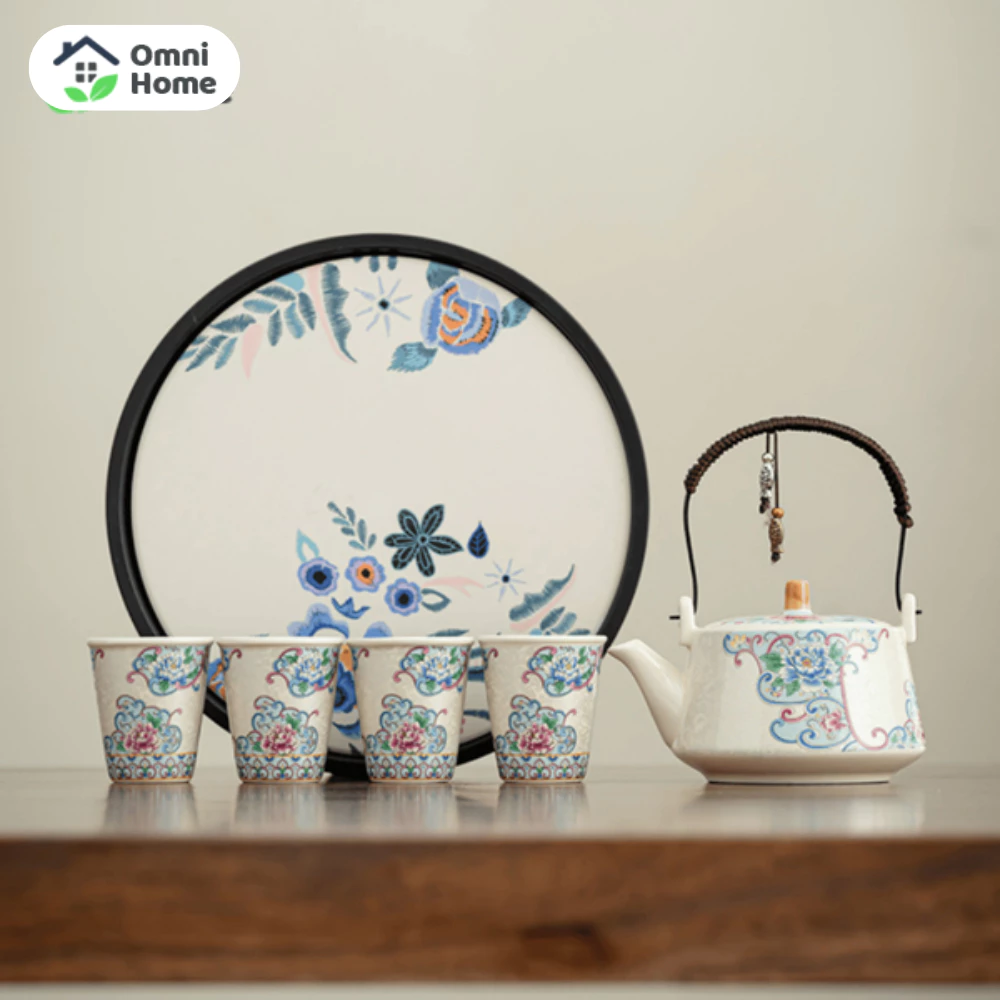 Bộ Ấm Trà Gốm Sứ Hoa Mẫu Đơn Phong Cách Cổ Trang Trung Hoa Kèm Khay