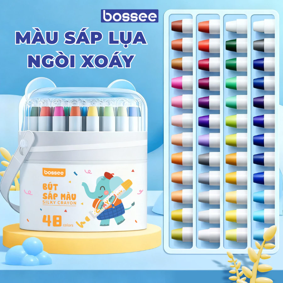 [Tặng Cọ Tán Màu] Bộ sáp màu lụa Bossee cao cấp dạng xoáy ngòi, màu mịn đậm trơn tru, tán cọ sơn dầu hộp nhựa quai xách