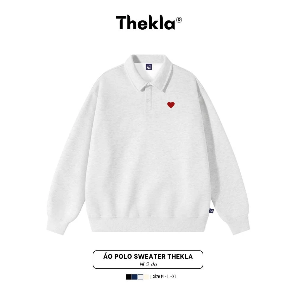 Áo Nỉ 2 Da Polo Cổ Bẻ Dáng Xuông Form Rộng By Thekla In Hình Trái Tim Mini - BST440 Unisex Cho Nam Nữ Giữ Ấm Thu Đông