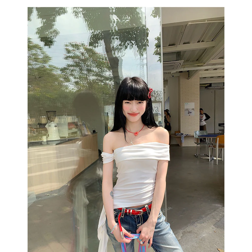 (SẴN S TRẮNG)Áo lệch vai trắng nữ, kiểu crop top ôm eo, phong cách sexy & chic mùa hè