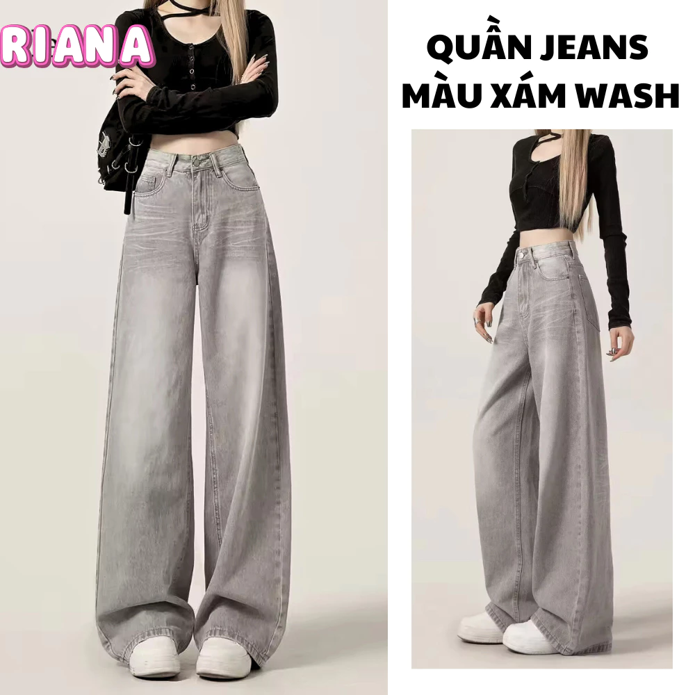 Quần Jean Nữ Ống Suông XÁM WASH RiNAA Dáng Rộng Cạp Cao, Quần Jeans Màu Retro Wash Basic Dễ Phối Đồ