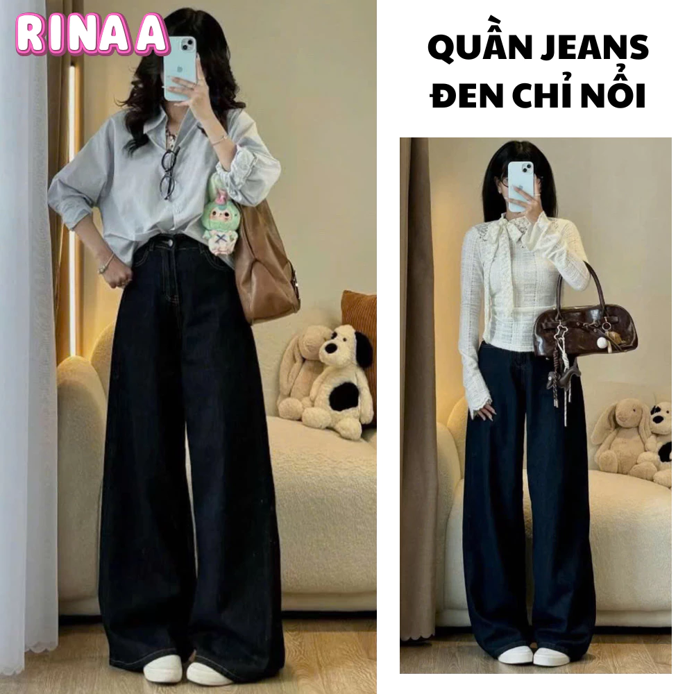Quần Jean Ống Suông Rộng Chỉ Nổi RINAA Màu Đen tôn dáng, quần bò ống suông lưng cao ống rộng 28cm